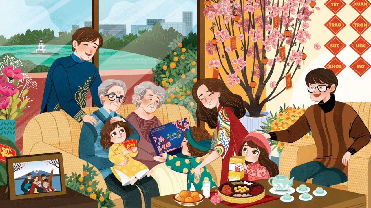 Tranh vẽ về gia đình hạnh phúc bên nhau