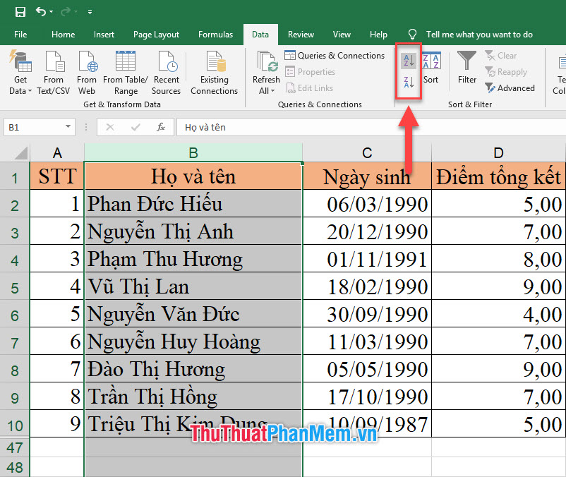 Cách sắp xếp dữ liệu trong Excel Tăng dần, giảm dần, theo ABC