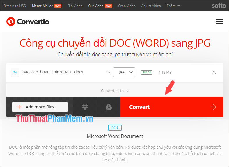 Bấm Convert để tiến hành chuyển đổi Word sang file ảnh