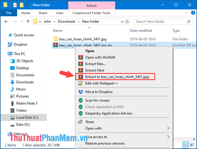 Chọn Extract to để giải nén