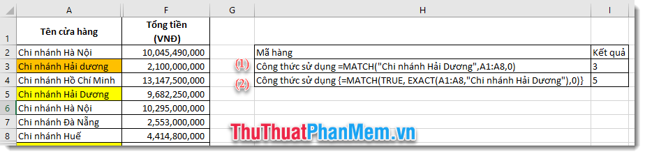 Hàm Match trong Excel - Cách sử dụng và ví dụ minh họa