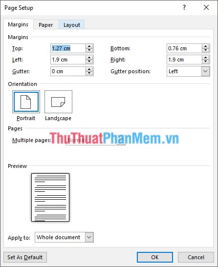Chỉnh thông số trong Page Setup