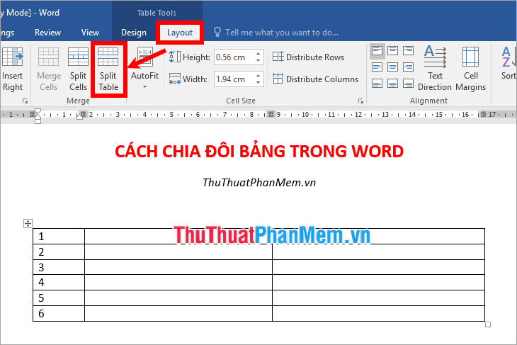 Chọn Split Table