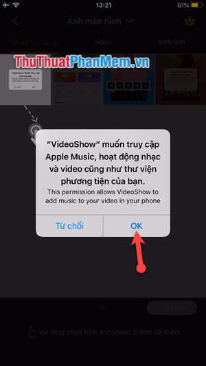 Chọn OK để cấp quyền truy cập Apple Music cũng như phương tiện âm thanh
