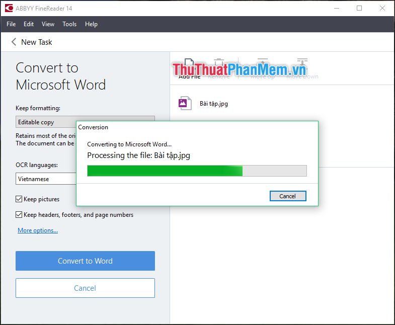 Phần mềm sẽ thực hiện việc chuyển đổi từ file ảnh sang Word