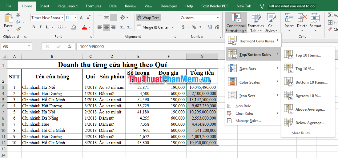 Excel xác định thứ hạng của ô trong vùng dữ liệu và định dạng ô đó