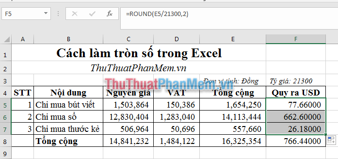 Cách làm tròn số tiền trong Excel