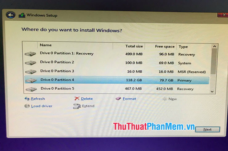 Giao diện lựa chọn ổ đĩa để cài đặt Windows