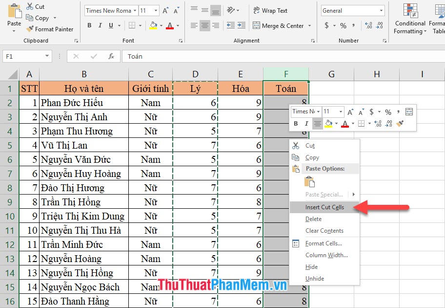 Cách di chuyển hàng, di chuyển cột trong Excel