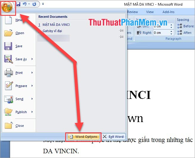 Chọn Word Options