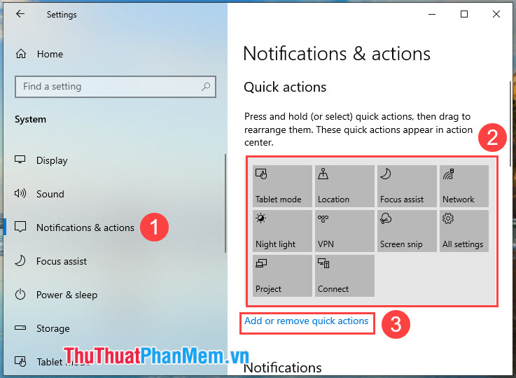 Chọn Add or remove quick actions