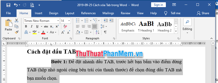 Đánh dấu hoặc chọn đoạn văn cần xóa bỏ TAB
