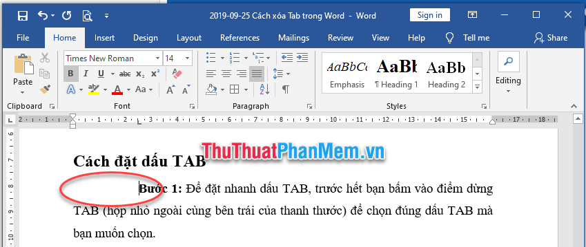 Kết quả thu được đoạn văn thụt vào theo định vị dấu TAB