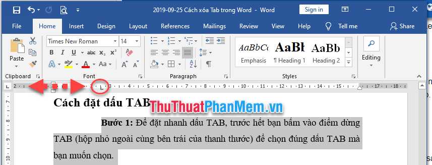 Nhấn chuột vào biểu tượng TAB và di chuột ra khỏi vị trí của thanh thước và nhả chuột