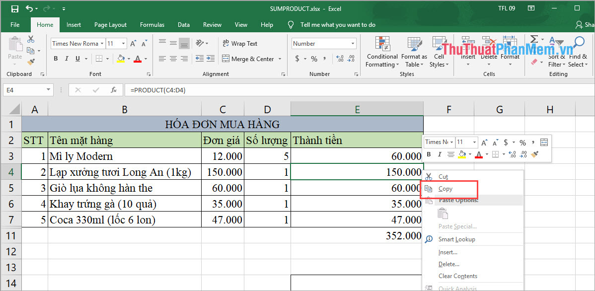Cách copy giá trị trong Excel
