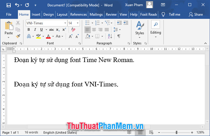 So sánh 2 loại phông Time New Roman và VNI-Times