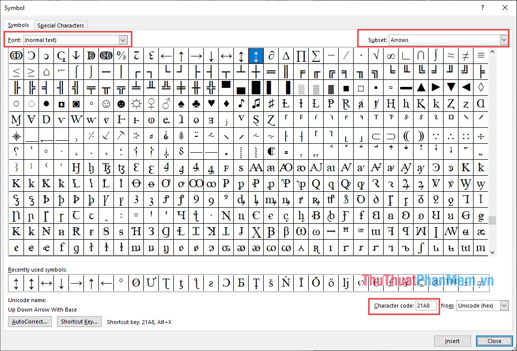 Chọn mũi tên mình muốn rồi nhấn Insert