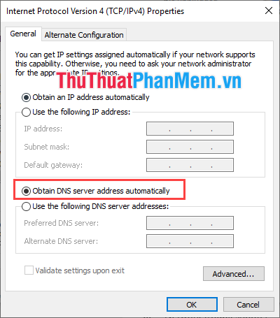 Chọn Tự động nhận địa chỉ máy chủ DNS.