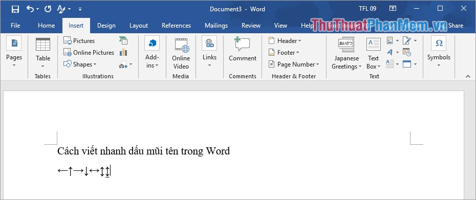 Trang Word sẽ có biểu tượng mũi tên của bạn
